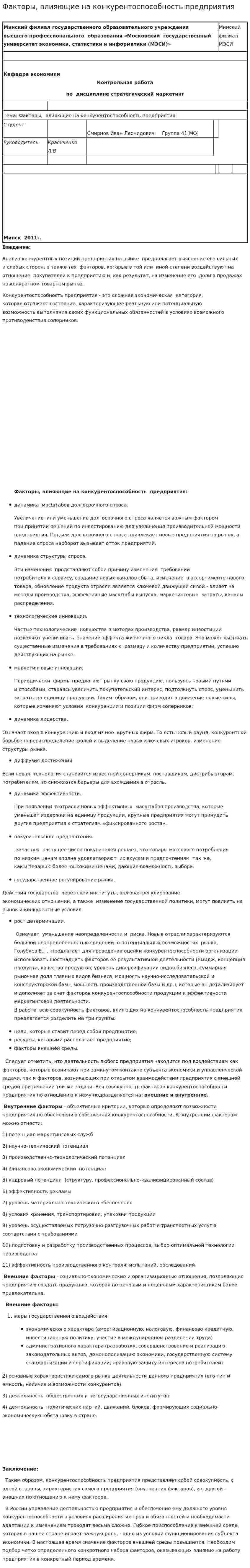 Факторы, влияющие на конкурентоспособность предприятия