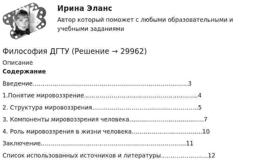      
          Описание
          Содержание	Введение…………………………………………………………………….3	1.Понятие мировоззрение…………………………………………….……4	2. Структура мировоззрения……………………………………………...5	3. Компоненты мировоззрения человека………………………………..7	4. Роль мировоззрения в жизни человека……………………………...10	Заключение………………………………………………………………..11	Список использованных источников и литературы……………….…..12  
            
            
            Философия. Гносеология – философское учение о познанииФилософия ДГТУФИЛОСОФИЯ ДРЕВНЕГО ВОСТОКА. 100 %ФИЛОСОФИЯ ЗАДАНИЕ 1Философия. Задание 1,2,3. СибУПК. Вариант 1Философия задание 1 к теме 1 СИБУПКФилософия (Задание 1) Философия как явление культуры (Вариант 1) 💯 Философия (все ответы на тест Синергия / МТИ / МосАП, август 2022)💯 Философия (все ответы на тест Синергия / МТИ / МосАП, декабрь 2022)💯 Философия (все ответы на тест Синергия / МТИ / МосАП, июнь 2022)💯 Философия (все ответы на тест Синергия / МТИ / МосАП, ноябрь 2022)💯 Философия (все ответы на тест Синергия / МТИ / МосАП, октябрь 2022)💯 Философия (все ответы на тест Синергия / МТИ / МосАП, январь 2023)Философия в системе культуры (ответы на тест Синергия / МТИ / МОИ / МосАП)