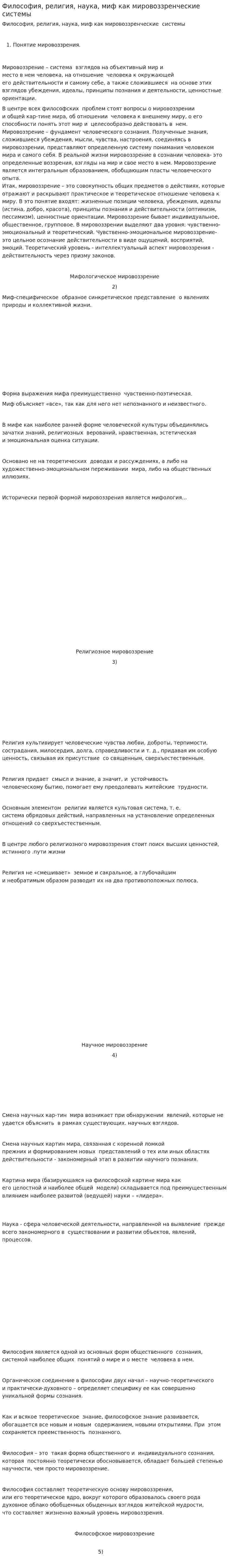 Философия, религия, наука, миф как мировоззренческие системы