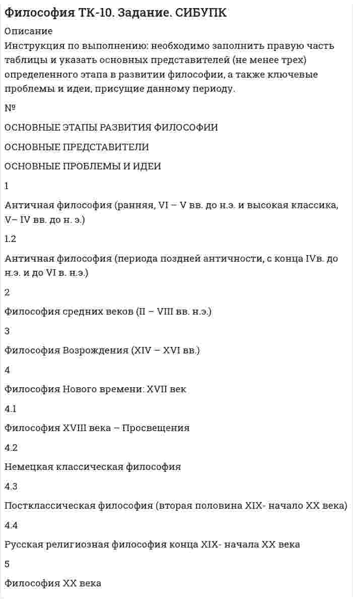      
          Описание
          Задание: необходимо заполнить таблицу, указав наименование дисциплины и ее содержание, основные понятия (не менее трех), и раскрыть одну из проблем для каждой из изученных философских дисциплин, в рамках курса «Философия».  
            
            
            Философия ТК - 16Философия ТК - 16. Задание. СИБУПКФил. (Э.1.18)_1 / ►Тема 8. Философия XX века: общая характеристика о... / ►ТК-10. Задание.Финансирование проектов Задание 3 ТГУ,РосдистантФинансирование проектов Задание 4 ТГУ,РосдистантФинансирование проектов Задание 5 ТГУ,Росдистантфинансовая политика предприятияФизическое развитие и формирование правил здорового образа жизни у детей дошкольного возрастаФизическое развитие и формирование правил здорового образа жизни у детей дошкольного возраста. 2Философия ( 1 курс,СибуПК 2021 г)Философия ВСЕ ЗАДАНИЯ Философия. Итоговый тест (1 семестр). НСПКФилософия. Итоговый тест (1 семестр). НСПК. Философия. Итоговый тест (1 семестр). НСПК. 2
