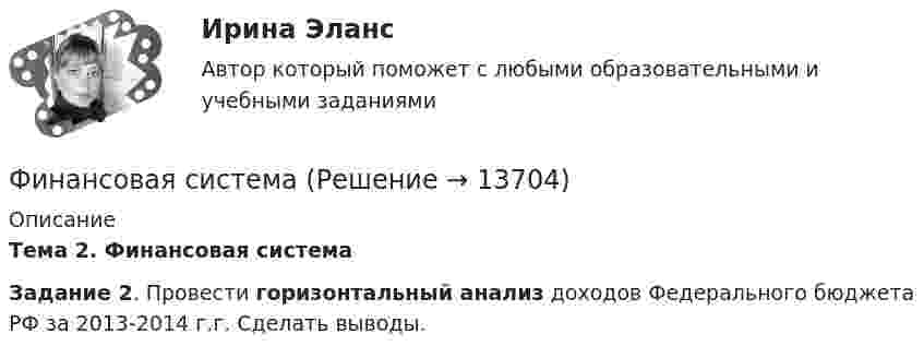     
          Описание
           Тема 2. Финансовая система Задание 2. Провести горизонтальный анализ доходов Федерального бюджета РФ за 2013-2014 г.г. Сделать выводы.  
            
            
            Финансовая политика предприятия Вариант 1Финансовая системаФинансовая система региона.Практические задания. ММУ.Финансовая система регионов ММУ 2023г.Финансовая среда предпринимательства и предпринимательские риски- Вариант №2Финансовая стратегия фирмы_ММА_тест с ответамиФинансовая стратегия фирмы (тест с ответами ММА)Финансовая политика государства и возможности ее реализацииФинансовая политика Задание 4 Финансовая политика организации в системе менеджмента предприятия 2 задания СибУПКФинансовая политика организации в системе менеджмента предприятия - задание к теме 10Финансовая политика организации в системе менеджмента предприятия - задание к теме 2Финансовая политика организации в системе менеджмента предприятия  ИТОГОВЫЙ Финансовая политика организации в системе менеджмента предприятия Итоговый тест 