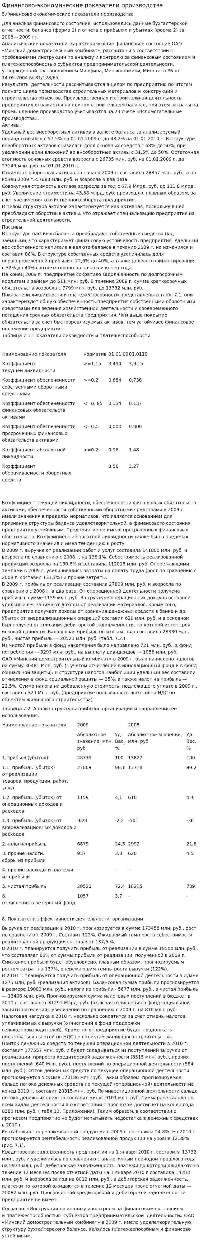 Финансово-экономические показатели производства