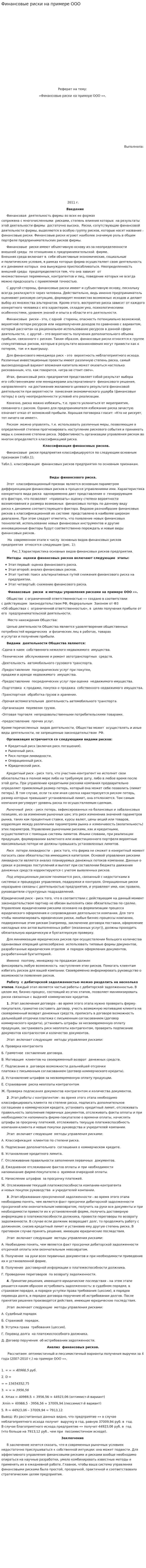 Финансовые риски на примере ООО