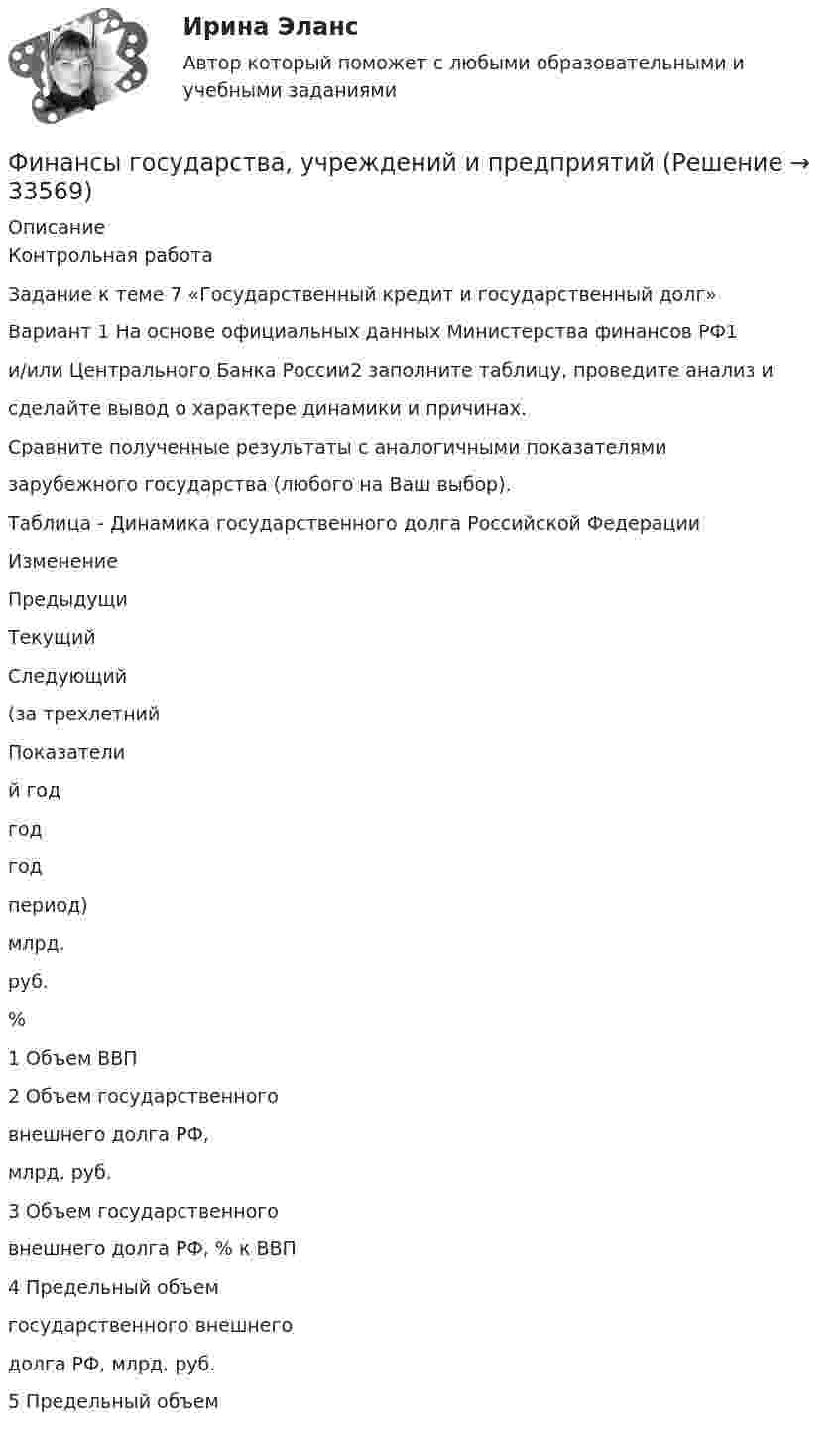      
          Описание
          Контрольная работаЗадание к теме 7 «Государственный кредит и государственный долг»Вариант 1 На основе официальных данных Министерства финансов РФ1и/или Центрального Банка России2 заполните таблицу, проведите анализ исделайте вывод о характере динамики и причинах.Сравните полученные результаты с аналогичными показателямизарубежного государства (любого на Ваш выбор).Таблица - Динамика государственного долга Российской ФедерацииИзменениеПредыдущиТекущийСледующий(за трехлетнийПоказателий годгодгодпериод)млрд.руб.%1 Объем ВВП2 Объем государственноговнешнего долга РФ,млрд. руб.3 Объем государственноговнешнего долга РФ, % к ВВП4 Предельный объемгосударственного внешнегодолга РФ, млрд. руб.5 Предельный объем  
            
            
            Финансы государства, учреждений и предприятийФинансы государства, учреждений и предприятийФинансы государства, учреждений и предприятий  ВСЕ ЗАДАНИЯ Финансы государства, учреждений и предприятий  ВСЕ ЗАДАНИЯ СИБУПК«ФИНАНСЫ ГОСУДАРСТВА,  УЧРЕЖДЕНИЙ И ПРЕДПРИЯТИЙ»  Задание к теме 4 «Региональные и территориальные финансы. Бюджетный федерализм»Финансы государства, учреждений и предприятий СибукпФинансы государства, учреждений и предприятийФинансы государства, учреждений и предприятийФинансовый учет ММУ 2023г.Финансовый учёт решение задачи - Вариант №3Финансовым органом субъекта РФ при ведении реестра источников доходов регионального бюджета в течение одного рабочего дня со дня представления участником процесса ведения реестра источников доходов бюджета информации – сведений, необходимых для✅ Финансы 90 вопросов СИНЕРГИЯ МТИ 2022💯 Финансы (все ответы на тест Синергия / МТИ / МосАП, ноябрь 2022)Финансы выполняют... функцииФинансы государства