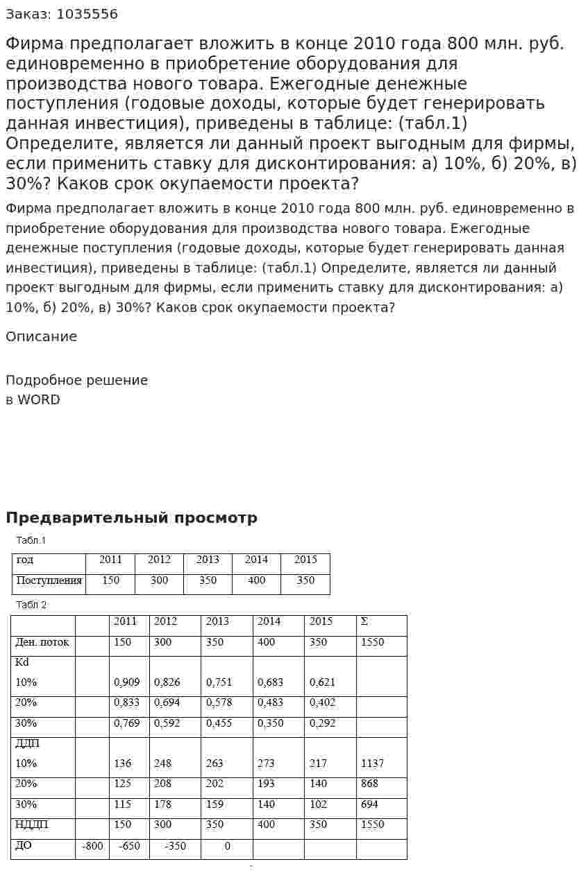 Фирма предполагает вложить в конце 2010 года 800 млн. руб. единовременно в приобретение оборудования для производства нового товара. Ежегодные денежные поступления (годовые доходы, которые будет генерировать данная инвестиция), приведены в таблице: (табл.1) Определите, является ли данный проект выгодным для фирмы, если применить ставку для дисконтирования: а) 10%, б) 20%, в) 30%? Каков срок окупаемости проекта? 