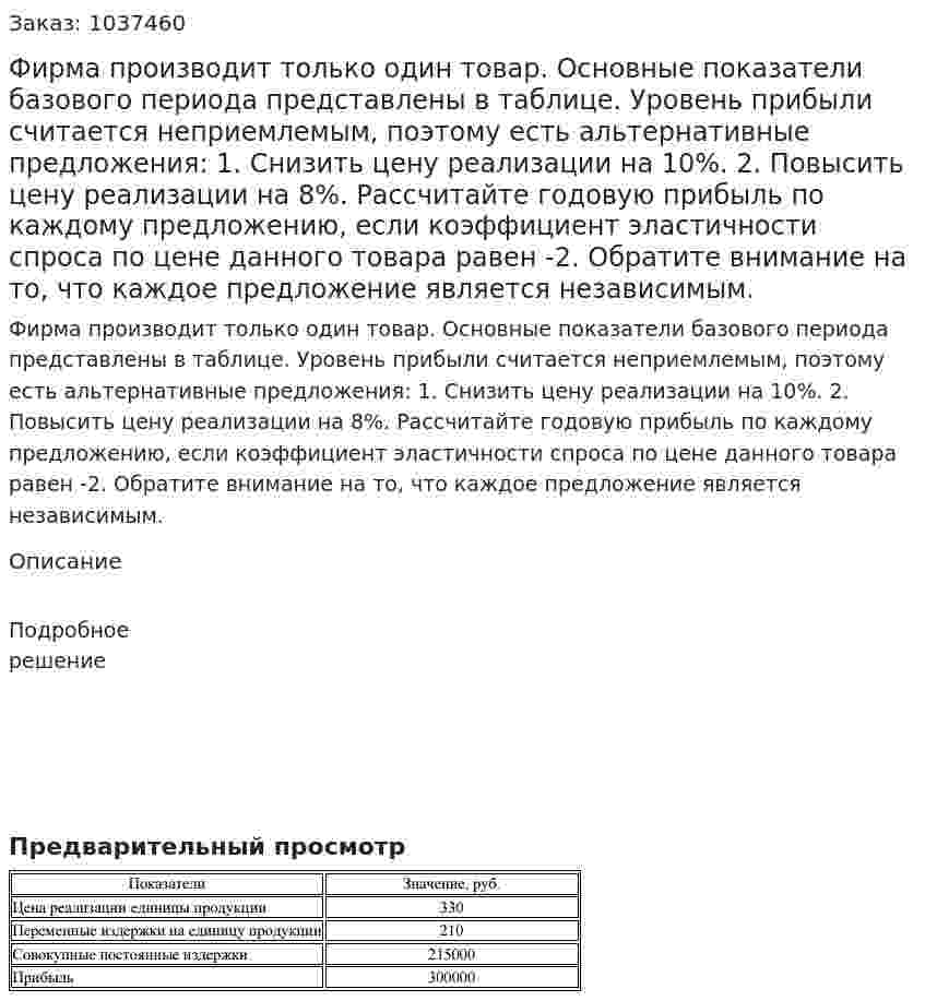 Фирма производит только один товар. Основные показатели базового периода представлены в таблице. Уровень прибыли считается неприемлемым, поэтому есть альтернативные предложения: 1. Снизить цену реализации на 10%. 2. Повысить цену реализации на 8%. Рассчитайте годовую прибыль по каждому предложению, если коэффициент эластичности спроса по цене данного товара равен -2. Обратите внимание на то, что каждое предложение является независимым.  