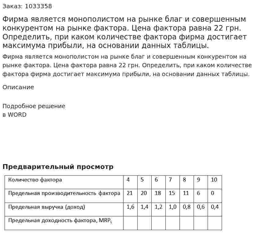 Фирма является монополистом на рынке благ и совершенным конкурентом на рынке фактора. Цена фактора равна 22 грн. Определить, при каком количестве фактора фирма достигает максимума прибыли, на основании данных таблицы. 