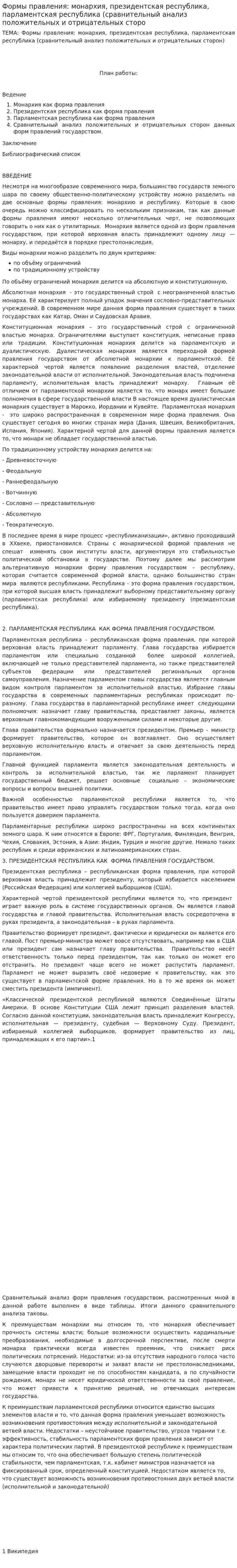 Формы правления: монархия, президентская республика, парламентская республика (сравнительный анализ положительных и отрицательных сторо