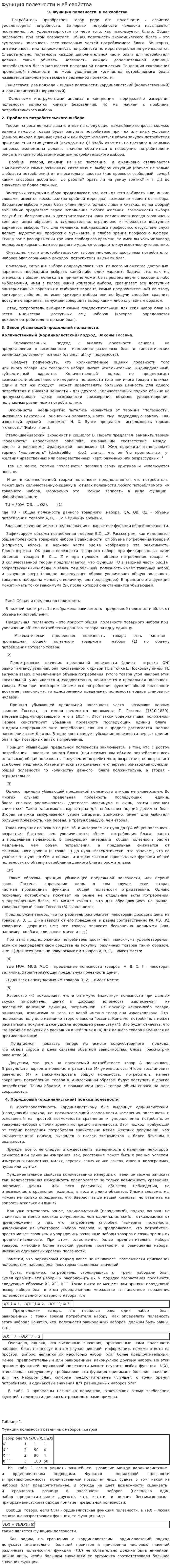 Функция полезности и её свойства