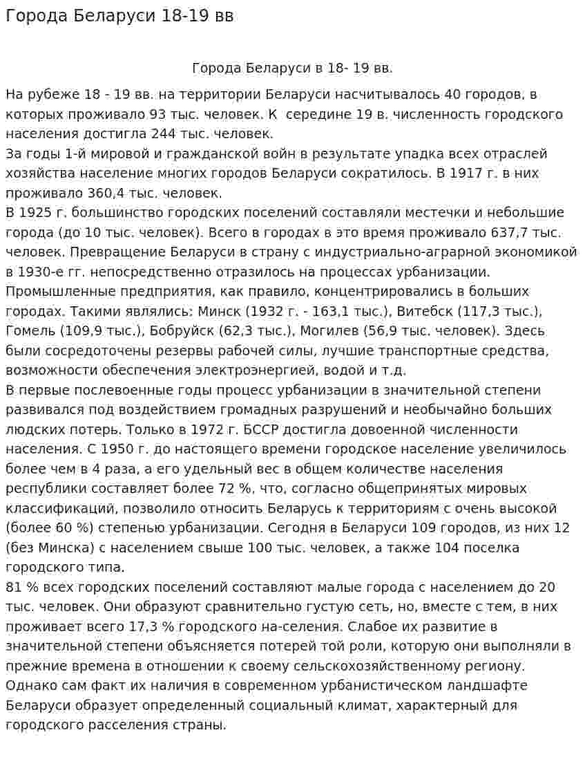 Города Беларуси 18-19 вв
