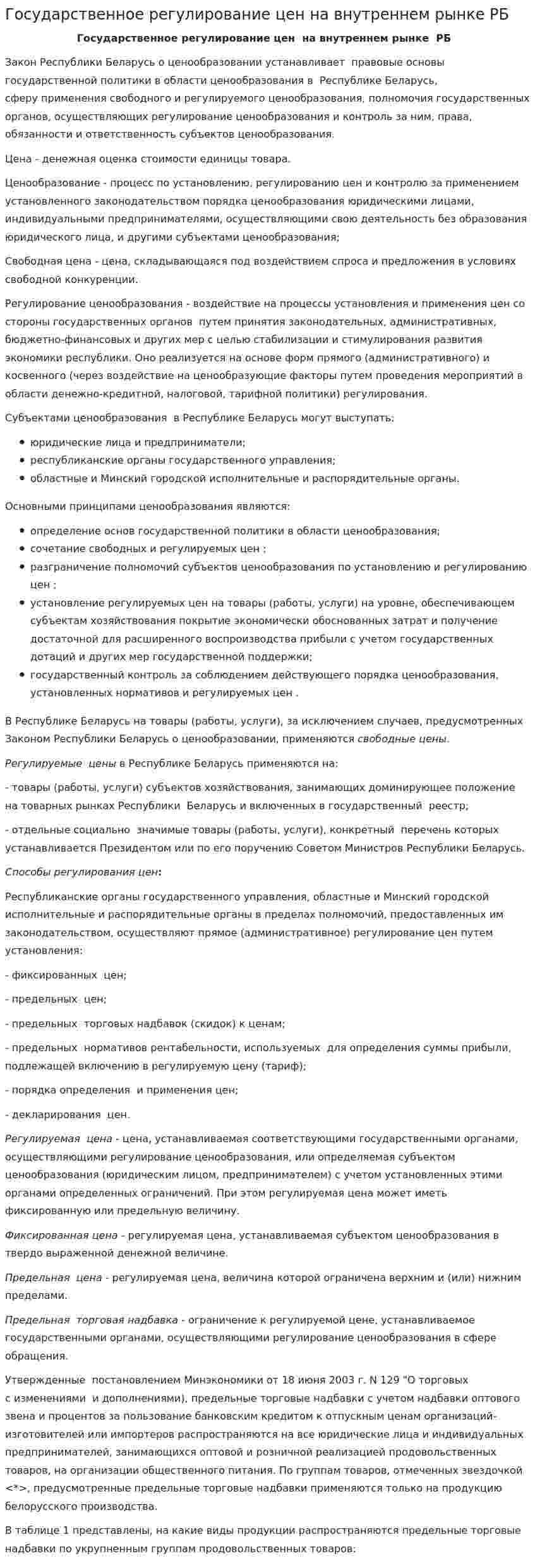 Государственное регулирование цен на внутреннем рынке РБ