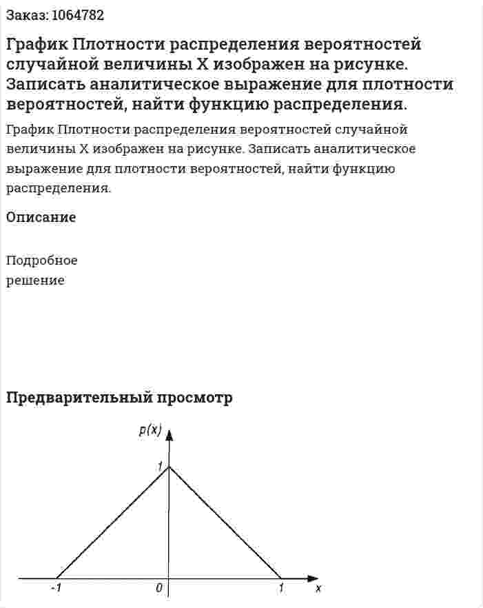 График Плотности распределения вероятностей случайной величины Х изображен на рисунке. Записать аналитическое выражение для плотности вероятностей, найти функцию распределения. 