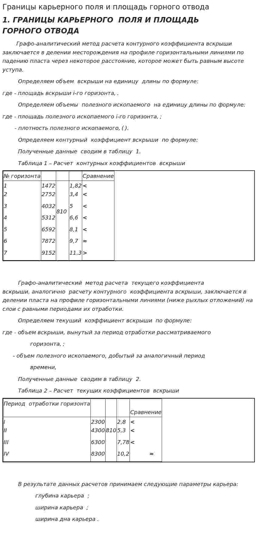 Границы карьерного поля и площадь горного отвода