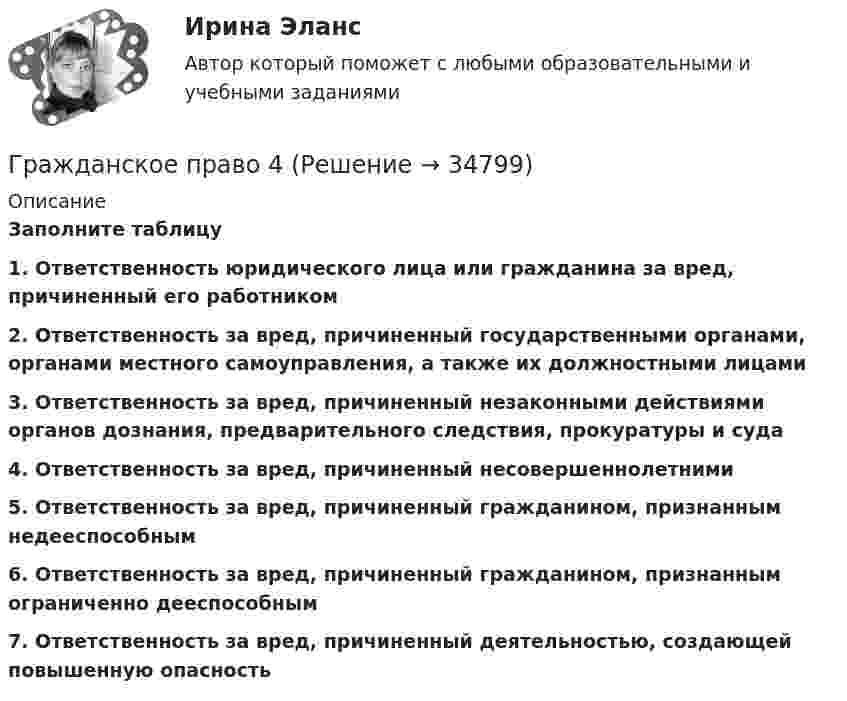      
          Описание
           Заполните таблицу1. Ответственность юридического лица или гражданина за вред, причиненный его работником2. Ответственность за вред, причиненный государственными органами, органами местного самоуправления, а также их должностными лицами3. Ответственность за вред, причиненный незаконными действиями органов дознания, предварительного следствия, прокуратуры и суда4. Ответственность за вред, причиненный несовершеннолетними5. Ответственность за вред, причиненный гражданином, признанным недееспособным6. Ответственность за вред, причиненный гражданином, признанным ограниченно дееспособным 7. Ответственность за вред, причиненный деятельностью, создающей повышенную опасность  
            
            
            Гражданское право 4Гражданское право 4Гражданское право 4✅ Гражданское право 45 вопросов СИНЕРГИЯ МТИ 2022Гражданское право (4) 5 семестр Синергия/МОИ/ МТИГражданское право (4) 5 семестр Синергия/МОИ/ МТИГражданское право (4) 5 семестр Синергия МосАПГражданское право. 3 семестр.  Синергия. Ответы на тест. 2022Гражданское право 3 семестр (тест с ответами Синергия/МОИ/ МТИ /МОСАП)Гражданское право 3 сем. Синергия. Тест.Гражданское право (3) тест с ответами Синергия/МОИ/ МТИГражданское право  4Гражданское право (4)Гражданское право 4