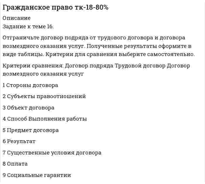 




Описание


Предмет: Здоровьесбережение персонала.
Дата изготовления: сентябрь 2021 года.
Работа была успешно сдана - заказчик претензий не имел.
Готовые работы я могу оперативно проверить на оригинальность по Antiplagiat .ru и сообщить Вам результат.




Оглавление


Задание к теме 1
На основе положений Трудового кодекса РФ определите, какие формы заботы о здоровье персонала работодатель обязан осуществлять, независимо от содержания коллективного договора и трудовых договоров работников.
Задание к теме 2
На основе собственного опыта и наблюдений определите, какие мероприятия программы здоровьесбережения персонала были бы в наибольшей степени интересны сотрудникам организации, где Вы работаете в настоящее время.
Задание к теме 3
Обобщите не менее 10 малобюджетных и нетрудоемких для организации форм заботы о здоровье персонала, которые могут быть использованы для разработки и реализации корпоративной программы здоровьесбережения.
Задание к теме 4
Составьте алгоритм действий по осуществлению инициативы по разработке и реализации корпоративной программы здоровьесбережения персонала (встречи, совещания, опросы и т.п.)
Список использованных источников



            
            
            Задание к теме 15  Доказательства и доказывание. Часть 1 Задание к теме 16  Доказательства и доказывание. Часть 2Задание к теме 16. Отграничьте договор подряда от трудового договора и договора возмездного оказания услуг. Полученные результаты оформите в виде таблицы. Критерии для сравнения выберите самостоятельно. Критерии сравнения: Договор подряда Трудовой договор Договор возмездного оказания услуг 1 Стороны договораЗадание к теме 1.9. Сравните на примере отдельных государств европейскую модель конституционного контроля с американской. Европейская модель конституционного контроля Американская модель конституционного контроляЗадание к теме 1. Деловое общениеЗадание к теме 1 История бухгалтерского учета СИБУПКЗадание к теме 1 Какие из нижеперечисленных источников содержат нормы международного публичного права, перечислите и обоснуйте свой ответ: 1. договор между Мексикой и США об установлении границы;Задание к теме 1 На основе положений Трудового кодекса РФ определите, какие формы заботы о здоровье персонала работодатель обязан осуществлять, независимо от содержания коллективного договора и трудовых договоров работников.Задание к теме 1 1.Заполните таблицу, исходя из трактовок Св. Августина и Ф. Аквинского: Наименование трактовок Трактовки хозяйственных явлений и экономических категорий Ранние канонисты – Святой АвгустинЗадание к теме 11. Проанализируйте нормы ФЗ «О системе государственной службы РФ», ФЗ «О государственной гражданской службы РФ»Задание к теме 11. Проанализируйте нормы ФЗ «О системе государственной службы РФ», ФЗ «О государственной гражданской службы РФ» и Трудового кодекса РФ. Заполните сравнительную таблицу. Таблица и Трудового кодекса РФ. Заполните сравнительную таблицу. ТаблицаЗадание к теме 11 Проанализируйте нормы ФЗ «О системе государственной службы РФ», ФЗ «О государственной гражданской службы РФ» и Трудового кодекса РФ. Заполните сравнительную таблицу.Задание к теме 11. Проанализируйте нормы ФЗ «О системе государственной службы РФ», ФЗ «О государственной гражданской службы РФ» и Трудового кодекса РФ. Заполните сравнительную таблицу.Задание к теме 11. Проанализируйте нормы ФЗ «О системе государственной службы РФ», ФЗ «О государственной гражданской службы РФ» и Трудового кодекса РФ. Заполните сравнительную таблицу.. 2Задание к теме 11. Проанализируйте нормы ФЗ «О системе государственной службы РФ», ФЗ «О государственной гражданской службы РФ» и Трудового кодекса РФ. Заполните сравнительную таблицу.. 3Задание к теме 12