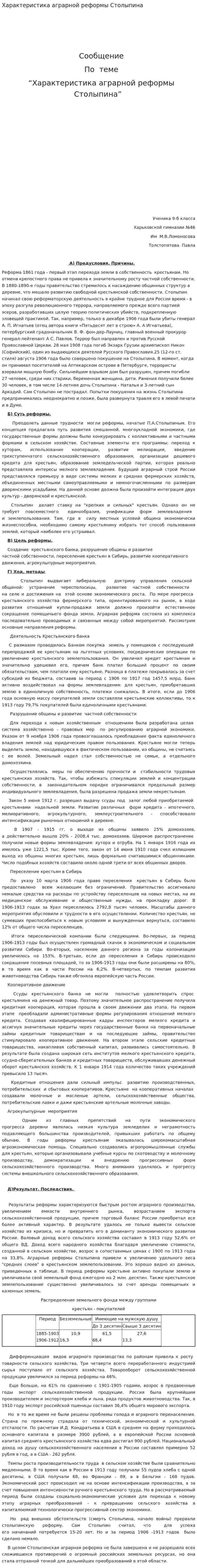 Характеристика аграрной реформы Столыпина