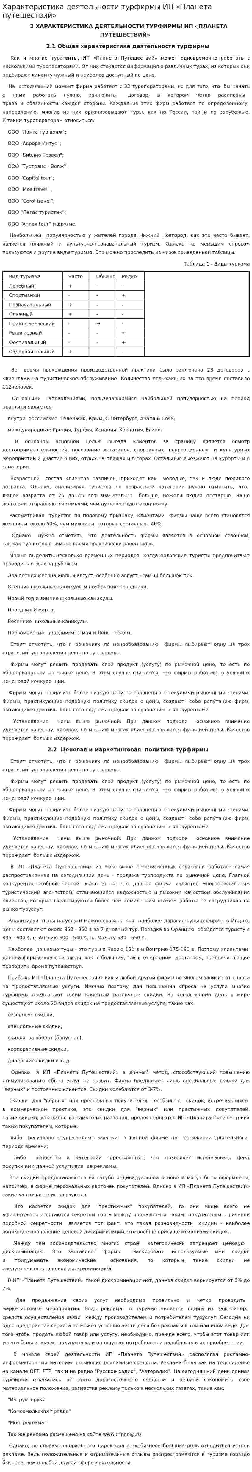 Характеристика деятельности турфирмы ИП «Планета путешествий»