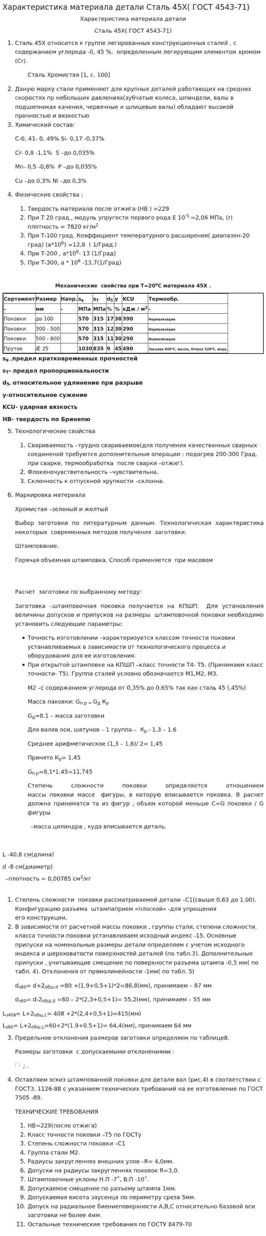 Характеристика материала детали Сталь 45Х( ГОСТ 4543-71)