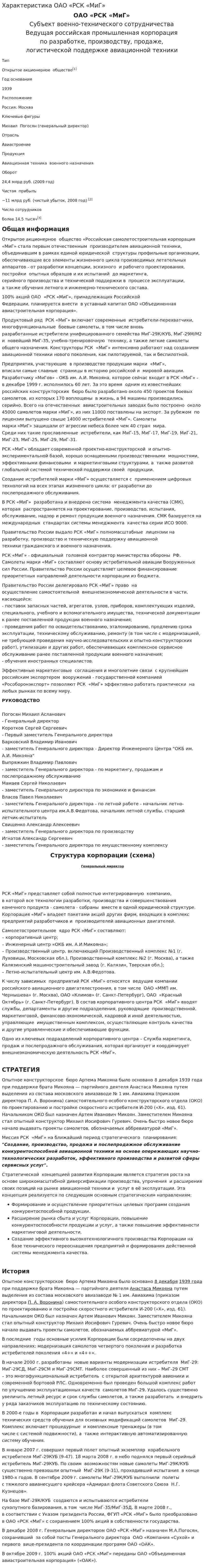 Характеристика ОАО «РСК «МиГ»