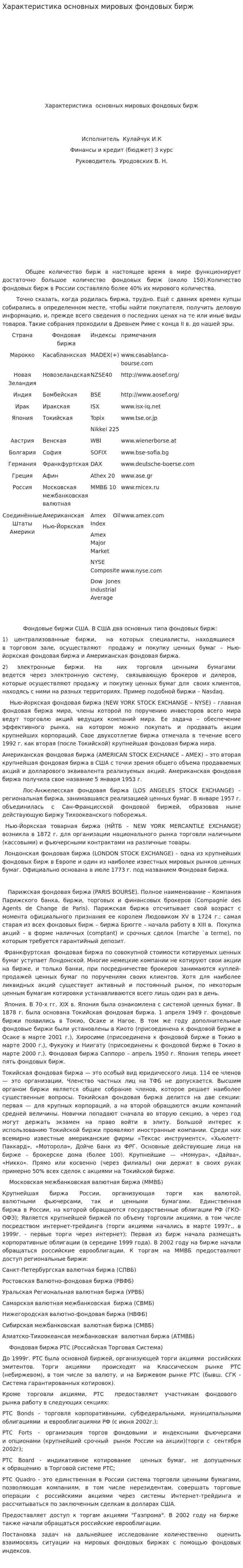 Характеристика основных мировых фондовых бирж
