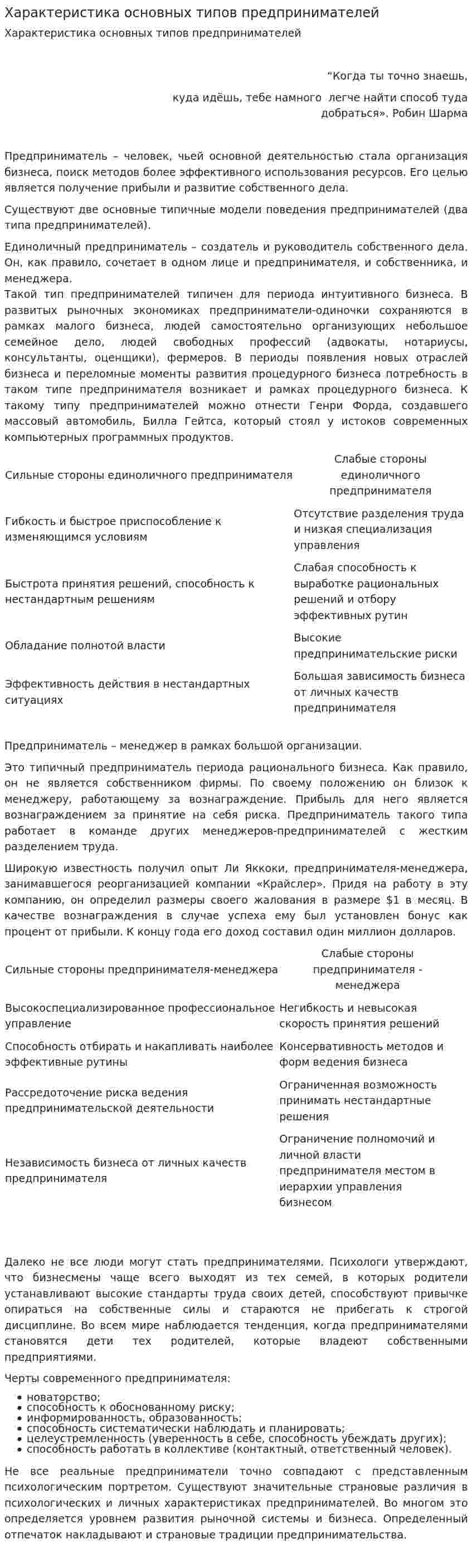 Характеристика основных типов предпринимателей