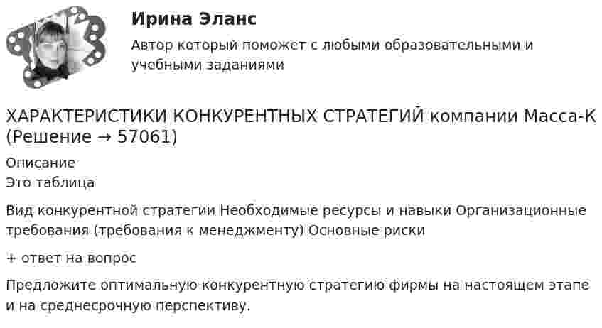      
            Описание
            Это таблицаВид конкурентной стратегии Необходимые ресурсы и навыки Организационные требования (требования к менеджменту) Основные риски+ ответ на вопрос Предложите оптимальную конкурентную стратегию фирмы на настоящем этапе и на среднесрочную перспективу.   
            
            
            Характеристики и условия формирования эффективной командыХАРАКТЕРИСТИКИ КОНКУРЕНТНЫХ СТРАТЕГИЙ компании Масса-КХарактеристикой переменной в языке Delphi является то, что она …Характерная черта морали заключается в том, что ее установки вынашивают всепригодный, общечеловеческий характер и использованы в самых разных жизненных ситуациях.Характерной особенностью металлов является … энергетическом уровнеХарактерной особенностью неметаллов является … энергетическом уровнеХарактерной особенностью системного подхода в бизнесе является ...Характеристика нормативных документов по учету расходов организациихарактеристика организационно-правовых формХарактеристика основных инструментов повышения вовлеченности персоналахарактеристика основных этапов рационального решения управленческих проблемХарактеристика предприятия (аппарат сравнения)Характеристика территориальной организации населения Московской областиХарактеристика уровня транснационализации компаний и масштабов деятельности ТНК