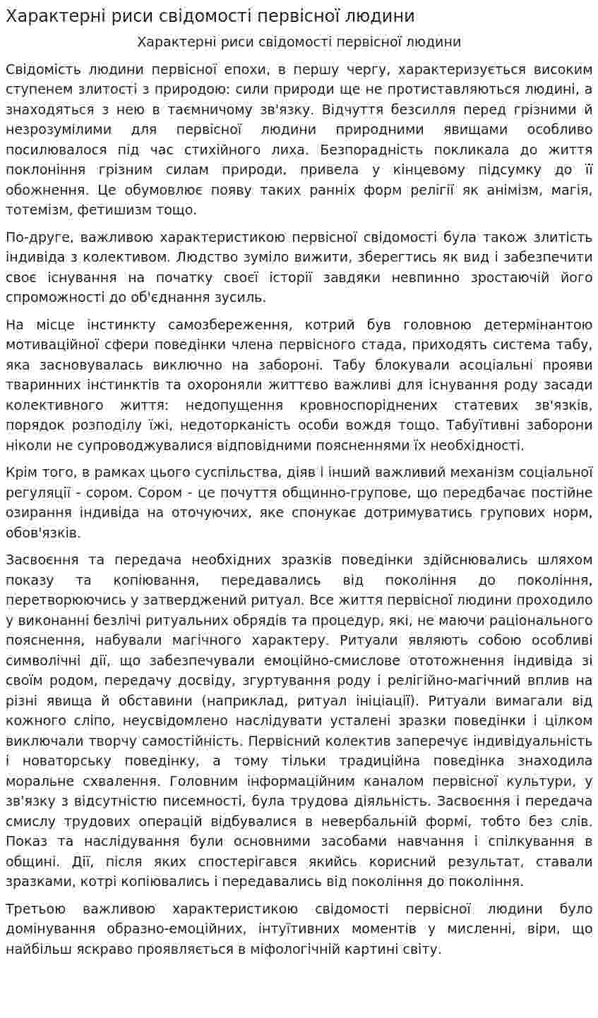 Характерні риси свідомості первісної людини