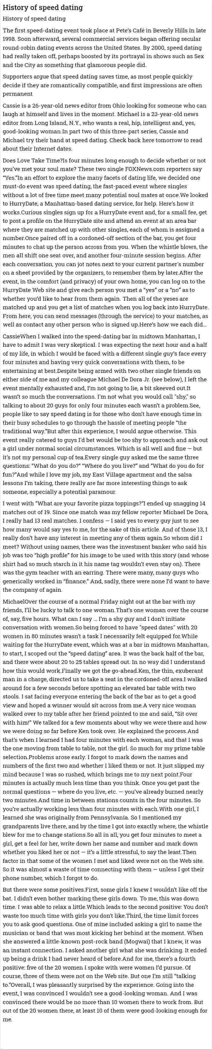 History of speed dating
