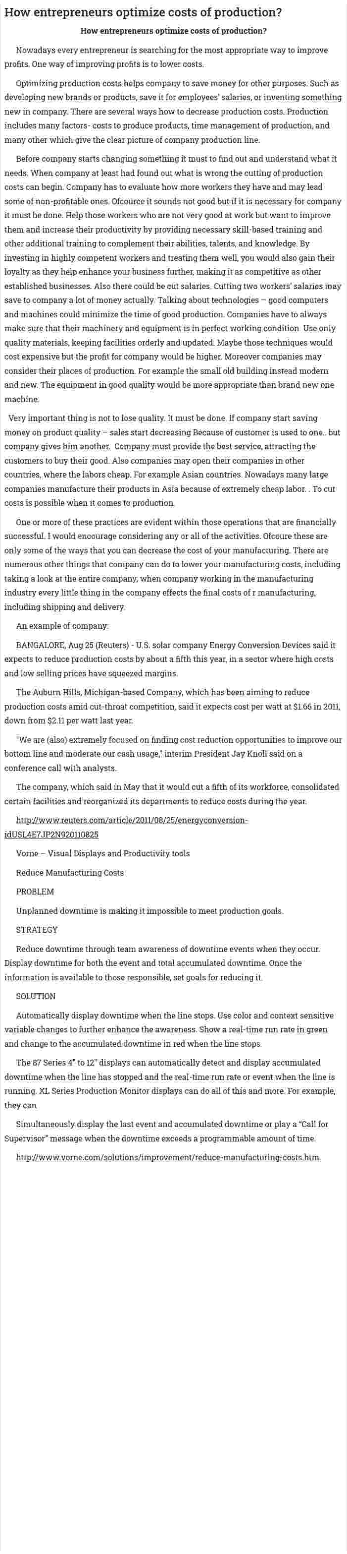 How entrepreneurs optimize costs of production?