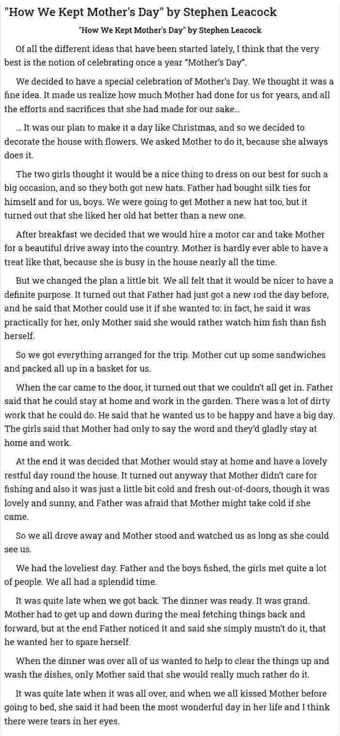 "How We Kept Mother's Day" by Stephen Leacock
