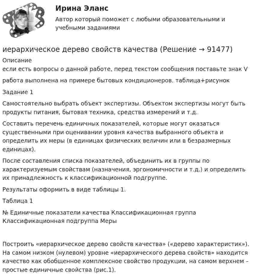     
            Описание
            если есть вопросы о данной работе, перед текстом сообщения поставьте знак Vработа выполнена на примере бытовых кондиционеров. таблица+рисунокЗадание 1Самостоятельно выбрать объект экспертизы. Объектом экспертизы могут быть продукты питания, бытовая техника, средства измерений и т.д.Составить перечень единичных показателей, которые могут оказаться существенными при оценивании уровня качества выбранного объекта и определить их меры (в единицах физических величин или в безразмерных единицах).После составления списка показателей, объединить их в группы по характеризуемым свойствам (назначения, эргономичности и т.д.) и определить их принадлежность к классификационной подгруппе.Результаты оформить в виде таблицы 1.Таблица 1№	Единичные показатели качества	Классификационная группа	Классификационная подгруппа	МерыПостроить «иерархическое дерево свойств качества» («дерево характеристик»). На самом низком (нулевом) уровне «иерархического дерева свойств» находится качество как обобщенное комплексное свойство продукции, на самом верхнем – простые единичные свойства (рис.1).   
            
            
            Иерархическая структура работ (ИСР) проекта служит основой для … (укажите 3 варианта ответа)иерархическое дерево свойств качества... иерархической структуры работ (ИСР) проекта - это документ, который позволяет всем участникам однозначно толковать термины и элементы структуры, а менеджеру проекта помогает определить границы ответственности членов команды и не допуститьИз 10 кг 20%-ного раствора при охлаждении выделилось 400 г соли. Чему равна процентная концентрация охлажденного раствора?Из 10 студентов, пришедших сдавать экзамен по теории вероятностей и взявших билеты, Иванов и Петров знают 20 билетов из 30, Сидоров успел повторить только 15 билетов, остальные ...Из 1,3 г гидроксида металла получается 2,85 г его сульфата. Вычислите молярную массу эквивалента этого металла.Избавляемся от веснушекИДО Финансовое право (тест с ответами) 20 вопросов 98%ИДО Финансовый менеджмент (тест с ответами) 18 вопросов 94%ИДО Ценообразование 20 вопросов 100% выполненИДО Экономика государственного и муниципального сектора (тест с ответами) 20 вопросов 100%ИДО Экономика и организация предприятий сервиса ИДО Экономико-математическое моделирование бизнесаИДО Экономическая география и регионалистика (тест с ответами) 20 вопросов 100%