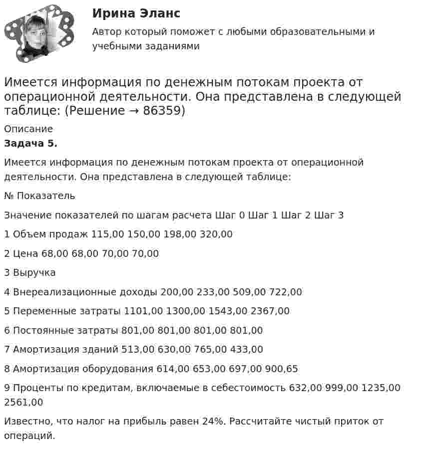      
            Описание
            Задача 5. Имеется информация по денежным потокам проекта от операционной деятельности. Она представлена в следующей таблице:  № Показатель Значение показателей по шагам расчета   Шаг 0 Шаг 1 Шаг 2 Шаг 3   1 Объем продаж 115,00 150,00 198,00 320,00   2 Цена 68,00 68,00 70,00 70,00   3 Выручка            4 Внереализационные доходы  200,00 233,00 509,00 722,00   5 Переменные затраты 1101,00 1300,00 1543,00 2367,00   6 Постоянные затраты 801,00 801,00 801,00 801,00   7 Амортизация зданий 513,00 630,00 765,00 433,00   8 Амортизация оборудования 614,00 653,00 697,00 900,65   9 Проценты по кредитам, включаемые в себестоимость  632,00 999,00 1235,00 2561,00  	 Известно, что налог на прибыль равен 24%. Рассчитайте чистый приток от операций.   
            
            
            Имеется инвестиционный проект, денежные потоки которого относятся к окончаниям летИмеется информация по денежным потокам проекта от операционной деятельности. Она представлена в следующей таблице:Имеется кольцо из тонкой проволоки радиуса r. Найти силу, с которой это кольцо притягивает материальную точку массой m, находящуюся на оси кольца на расстоянии l от его центра. Радиус кольца R, плотность материала ρ.Имеется моток медной проволоки площадью поперечного сечения 0,1 мм2. Масса всей проволоки 0,3 кг. Определить сопротивление проволоки.Имеется очень тонкое однородное кольцо массы M и радиуса R. На прямой, перпендикулярной к плоскости кольца и проходящей через его центр, находится на расстоянии x от центра частица массы m. Найти:  а) взаимную потенциальную энергию ...Имеется плоский воздушный конденсатор, площадь каждой обкладки которого S. Определить работу, которую необходимо совершить, чтобы медленно увеличить расстояние между обкладками от x1 до x2, Имеется плоскопараллельная пластина с e = 2 толщиной d = 3 см, равномерно заряженная по объёму с объёмной плотностью r = 2·10-8 Кл/м3. Найти напряжённость электрического поля пластины внутри неё и вне, как функцию расстояния от центра пластины.Имеет место капитализация соответствующих повременных платежей, установленных на дату принятия арбитражным судом решения о признании должника банкротом и об открытии конкурсного производства и подлежащих выплате гражданам до достижения …Имеется 12 л углекислого газа под давлением 9·105 Па и температуре 288 К. Найдите массу газа.Имеется N = 24 одинаковых источников тока с ЭДС ε = 1 В и внутренним сопротивлением r = 0,2 Ом. Эти источники соединены так, что образуют батарею из n последовательных секций, каждая из которых состоит из N/n соединённых параллельно источников. Имеется бизнес-процесс производства товаров при ограниченных запасах ресурсов: Для производства четырех товаров используются пять видов ограниченных ресурсов. Известны расходы каждого ресурса на единицу каждого товара. Имеется две проволоки. Сопротивление первой в n раз больше, чем во второй. Проволоки соединены последовательно. В какой из них за одно и то же время при пропускании тока тепла выделится больше и во сколько раз?Имеется двоичное дерево (не являющееся деревом поиска), содержащее произвольные символы. Восходящий просмотр дерева даёт следующий результат: B, +, #, 3, f, k. Какой узел является корнем дерева? Алгоритмы и анализ сложности ЧелГУ (1 сем)Имеется двоичное дерево (не являющееся деревом поиска), содержащее целые числа. Восходящий просмотр дерева даёт следующий результат: 2, 4, 6, 8, 10, 12, 14. Какой узел является корнем дерева? Алгоритмы и анализ сложности ЧелГУ (1 сем)