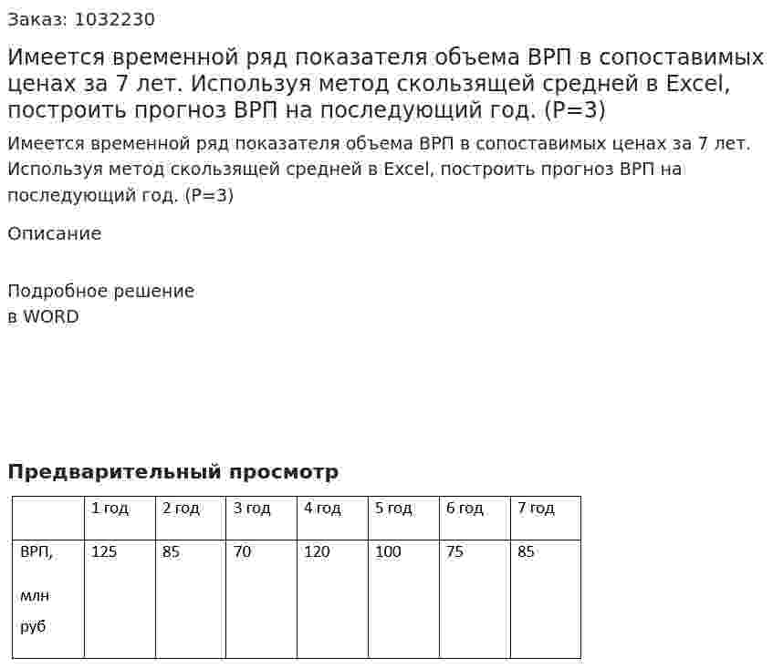 Имеется временной ряд показателя объема ВРП в сопоставимых ценах за 7 лет. Используя метод скользящей средней в Excel, построить прогноз ВРП на последующий год. (Р=3) 