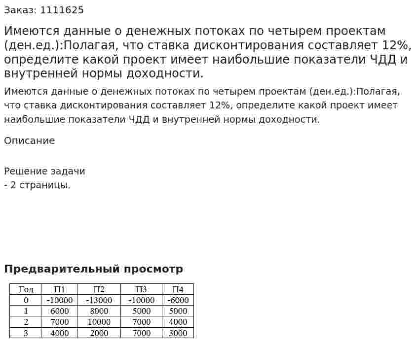 Имеются данные о денежных потоках по четырем проектам (ден.ед.):Полагая, что ставка дисконтирования составляет 12%, определите какой проект имеет наибольшие показатели ЧДД и внутренней нормы доходности. 