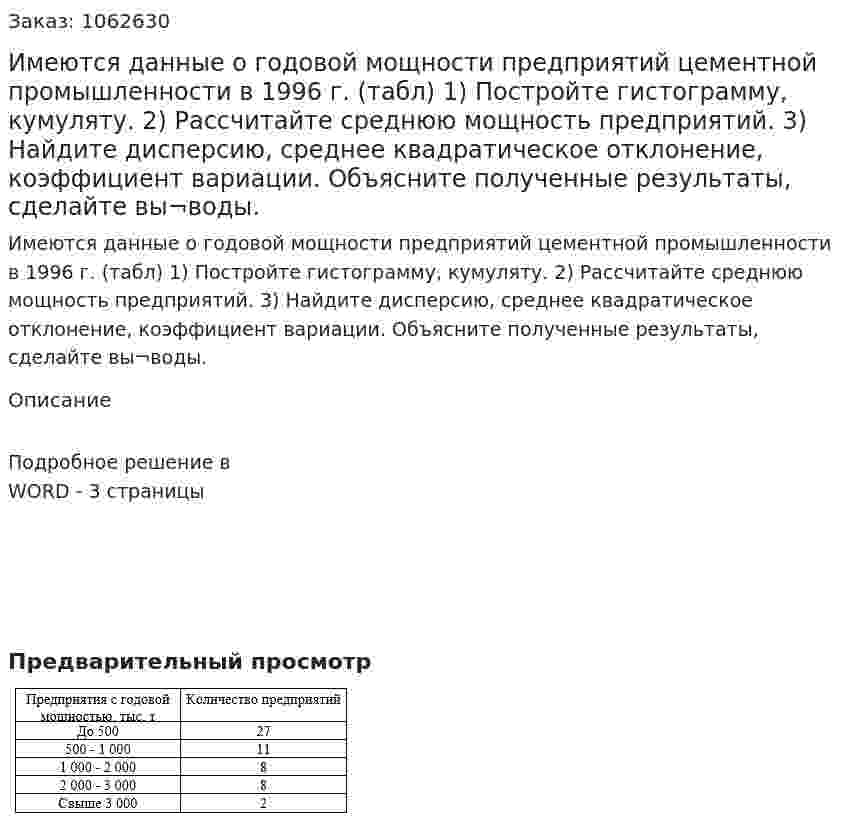 Имеются данные о годовой мощности предприятий цементной промышленности в 1996 г. (табл) 1) Постройте гистограмму, кумуляту. 2) Рассчитайте среднюю мощность предприятий. 3) Найдите дисперсию, среднее квадратическое отклонение, коэффициент вариации. Объясните полученные результаты, сделайте вы¬воды. 
