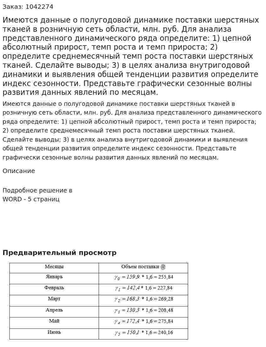 Имеются данные о полугодовой динамике поставки шерстяных тканей в розничную сеть области, млн. руб.  Для анализа представленного динамического ряда определите:  1) цепной абсолютный прирост, темп роста и темп прироста;  2) определите среднемесячный темп роста поставки шерстяных тканей. Сделайте выводы;  3) в целях анализа внутригодовой динамики и выявления общей тенденции развития определите индекс сезонности. Представьте графически сезонные волны развития данных явлений по месяцам. 