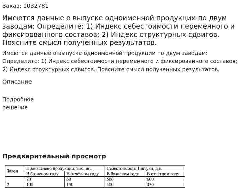 Имеются данные о выпуске одноименной продукции по двум заводам: Определите:  1) Индекс себестоимости переменного и фиксированного составов;  2) Индекс структурных сдвигов.  Поясните смысл полученных результатов. 
