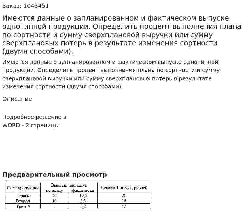 Имеются данные о запланированном и фактическом выпуске однотипной продукции.  Определить процент выполнения плана по сортности и сумму сверхплановой выручки или сумму сверхплановых потерь в результате изменения сортности (двумя способами). 
