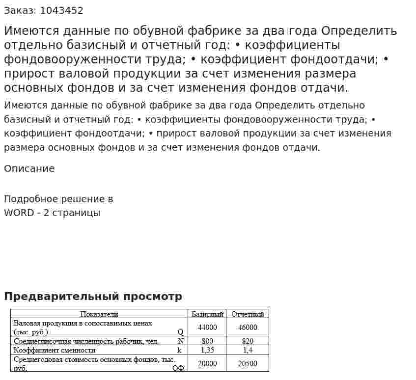 Имеются данные по обувной фабрике за два года  Определить отдельно базисный и отчетный год:  • коэффициенты фондовооруженности труда;  • коэффициент фондоотдачи;  • прирост валовой продукции за счет изменения размера основных фондов и за счет изменения фондов отдачи. 