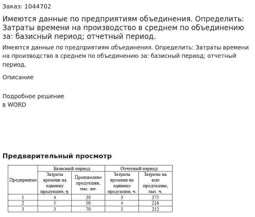 Имеются данные по предприятиям объединения. Определить: Затраты времени на производство в среднем по объединению за: базисный период; отчетный период. 