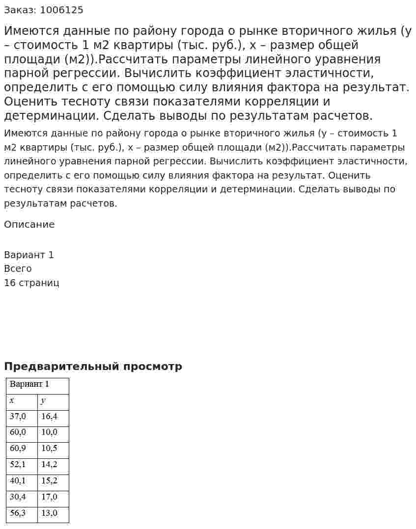 Имеются данные по району города о рынке вторичного жилья (y – стоимость 1 м2 квартиры (тыс. руб.), x – размер общей площади (м2)).Рассчитать параметры линейного уравнения парной регрессии. Вычислить коэффициент эластичности, определить с его помощью силу влияния фактора на результат. Оценить тесноту связи показателями корреляции и детерминации. Сделать выводы по результатам расчетов. 