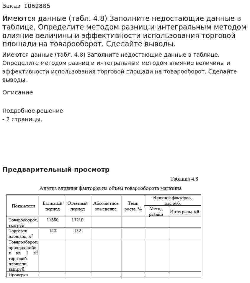 Имеются данные (табл. 4.8) Заполните недостающие данные в таблице. Определите методом разниц и интегральным методом влияние величины и эффективности использования торговой площади на товарооборот. Сделайте выводы. 