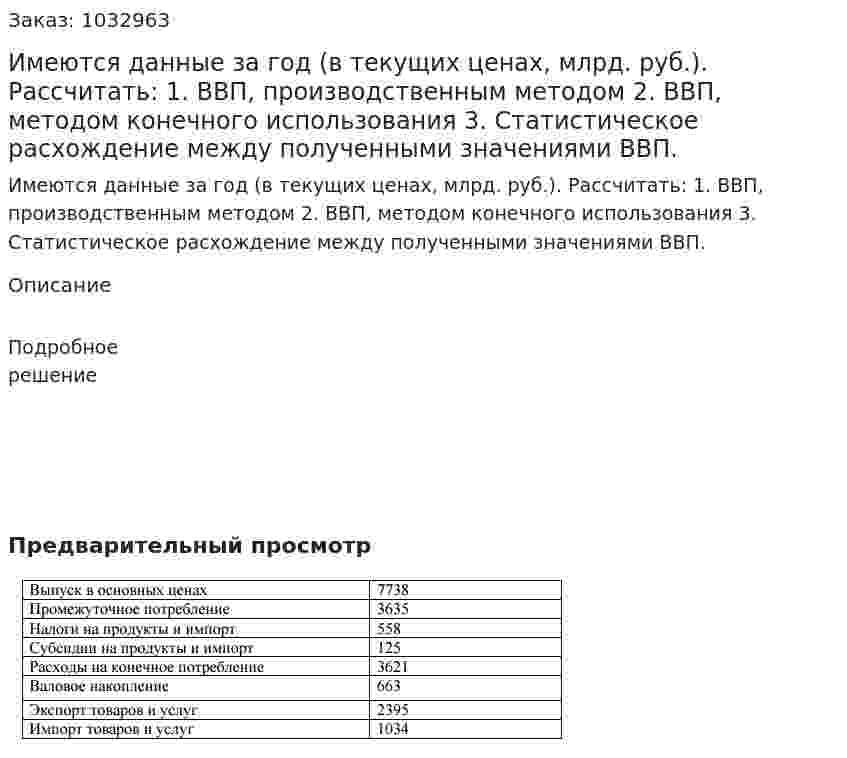 Имеются данные за год (в текущих ценах, млрд. руб.).  Рассчитать:  1. ВВП, производственным методом  2. ВВП, методом конечного использования  3. Статистическое расхождение между полученными значениями ВВП. 