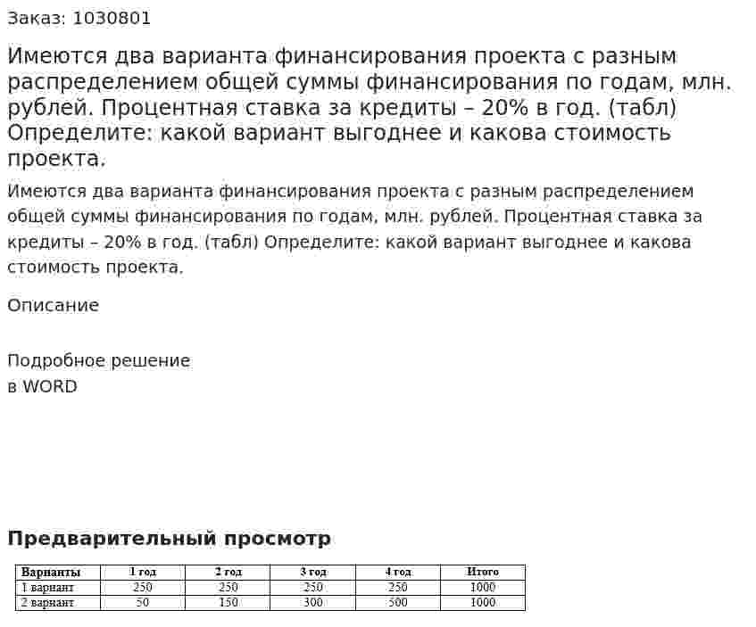 Имеются два варианта финансирования проекта с разным распределением общей суммы финансирования по годам, млн. рублей. Процентная ставка за кредиты – 20% в год. (табл) Определите: какой вариант выгоднее и какова стоимость проекта. 