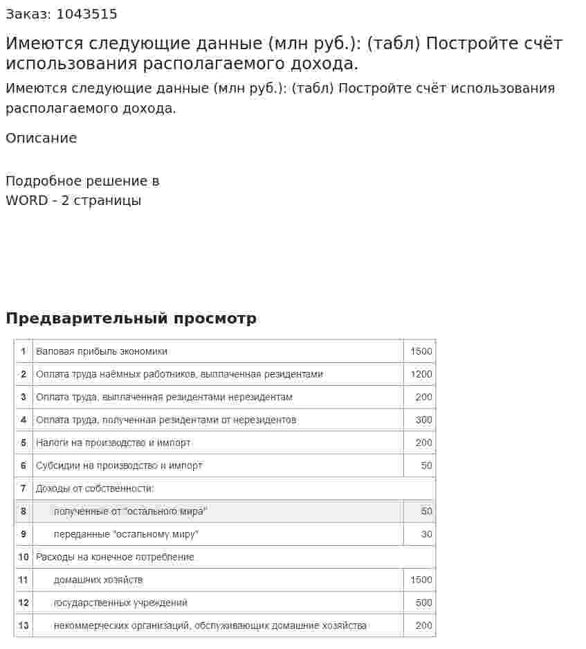Имеются следующие данные (млн руб.): (табл) Постройте счёт использования располагаемого дохода. 
