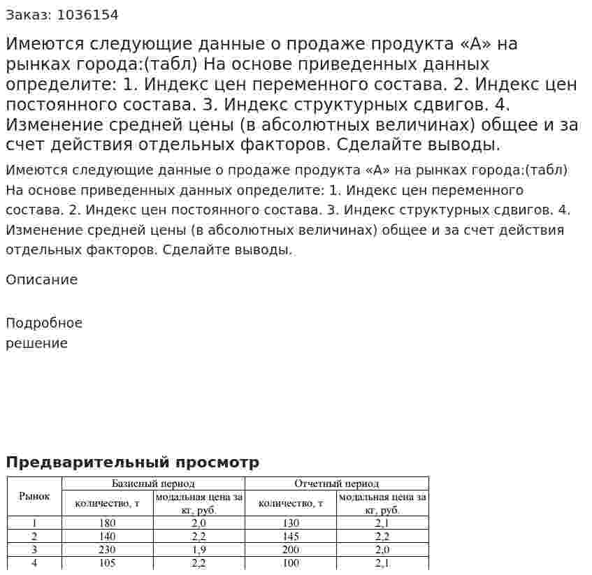 Имеются следующие данные о продаже продукта «А» на рынках города:(табл) 	На основе приведенных данных определите: 	1. Индекс цен переменного состава. 	2. Индекс цен постоянного состава. 	3. Индекс структурных сдвигов. 	4. Изменение средней цены (в абсолютных величинах) общее и за счет действия отдельных факторов. 	Сделайте выводы.  