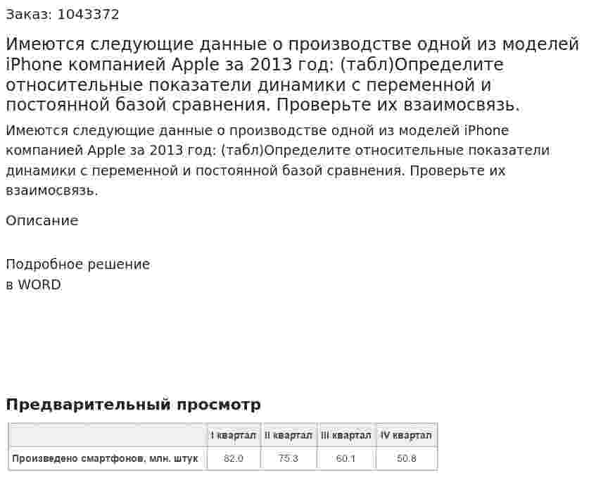 Имеются следующие данные о производстве одной из моделей iPhone компанией Apple за 2013 год: (табл)Определите относительные показатели динамики с переменной и постоянной базой сравнения. Проверьте их взаимосвязь. 