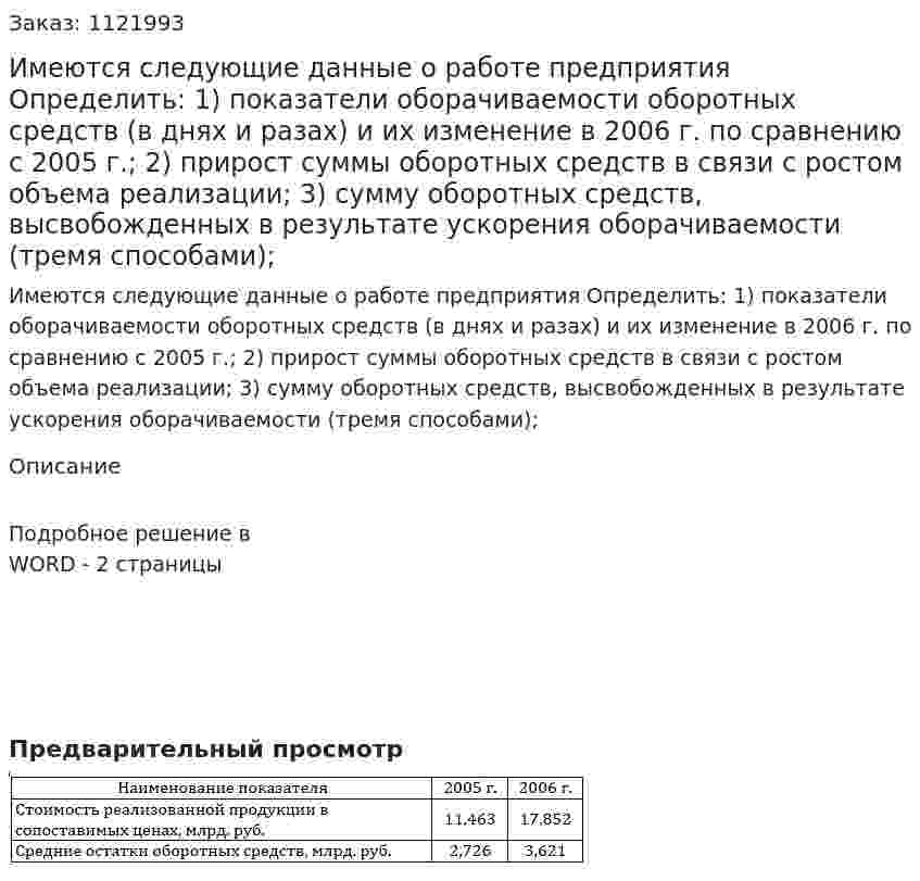 Имеются следующие данные о работе предприятия  Определить:  1)	показатели оборачиваемости оборотных средств (в днях и разах) и их изменение в 2006 г. по сравнению с 2005 г.;  2)	прирост суммы оборотных средств в связи с ростом объема реализации;  3)	сумму оборотных средств, высвобожденных в результате ускорения оборачиваемости (тремя способами); 