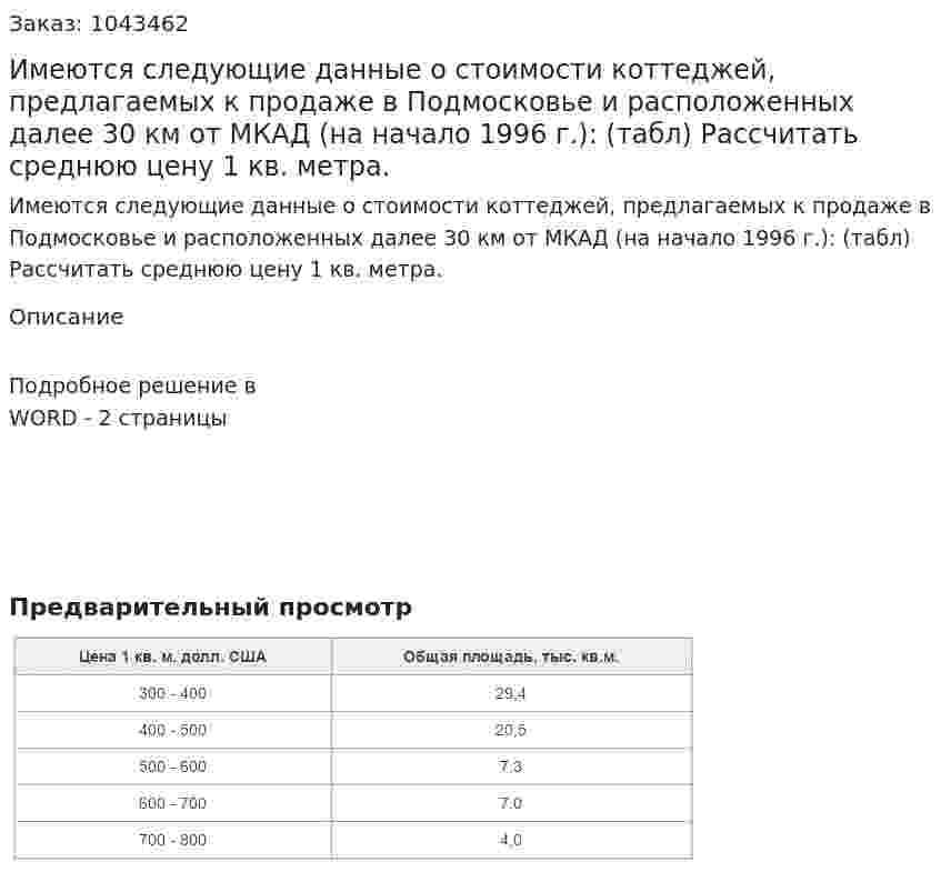 Имеются следующие данные о стоимости коттеджей, предлагаемых к продаже в Подмосковье и расположенных далее 30 км от МКАД (на начало 1996 г.): (табл) Рассчитать среднюю цену 1 кв. метра. 