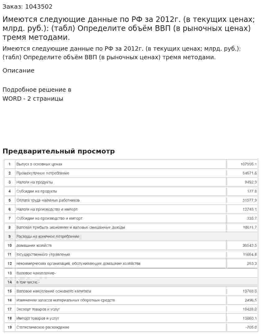 Имеются следующие данные по РФ за 2012г. (в текущих ценах; млрд. руб.): (табл) 	Определите объём ВВП (в рыночных ценах) тремя методами. 